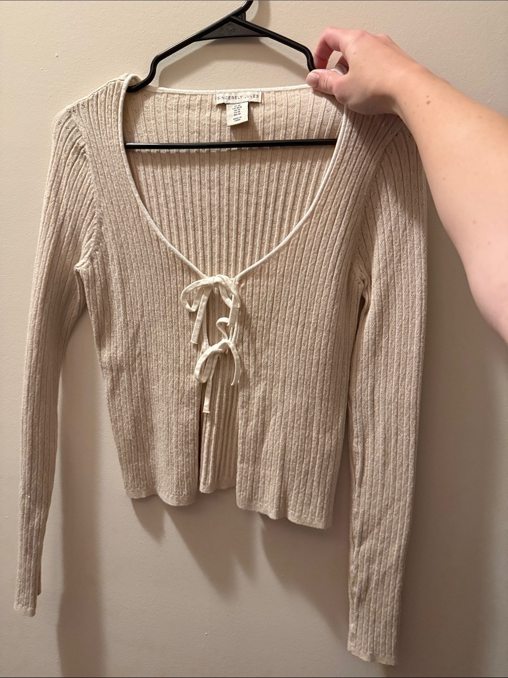 Sincerely Jules Beige Ribbed Tie-Front Long Sleeve Top
